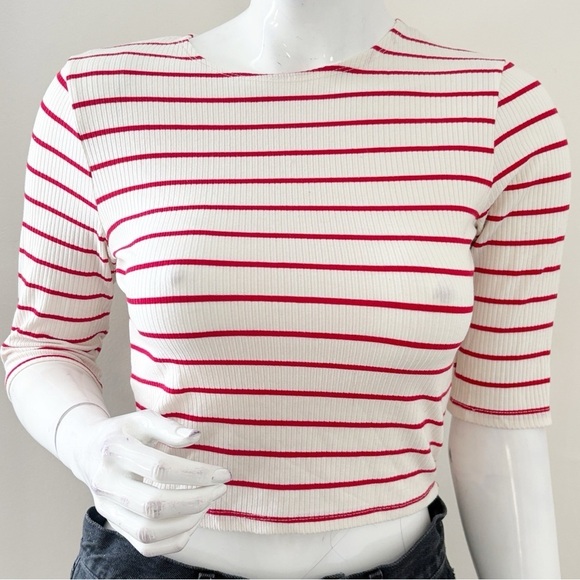 Reformation Tops - Reformation Red & Off White Striped Short Sleeve Ribbed Fitted Cropped T-shirt